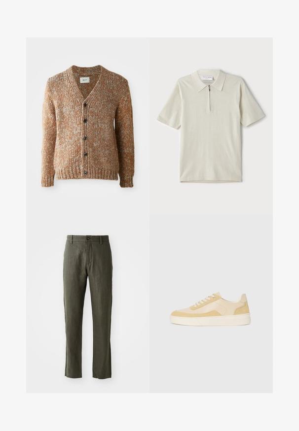 Getextureerde, warmgetinte cardigan in oranje met witte spikkels. V-hals, sluiting met zes knopen, geribde zoom en manchetten. Gemaakt van gebreid materiaal.; Korte mouwen polo in lichtbeige met een ritskraag. Gemaakt van gladde stof, voorzien van een eenvoudig, modern ontwerp zonder patronen.; Olijfgroene linnen broek met een rechte snit, voorzien van een knoopsluiting aan de voorkant en zijzakken. De stof heeft een gestructureerde uitstraling.; Schoenen in lichtgele suede en leer, met een gevoerde zool en gestikte accenten. Klassiek vetersluiting ontwerp met een ronde neus.