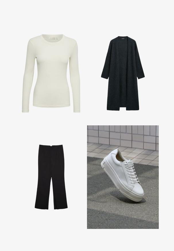 Langer, offener Cardigan in Dunkelgrau, aus einem weichen, flauschigen Stoff. Mit langen Ärmeln und einem entspannten Schnitt ohne Verschluss.; Langärmliges, geripptes Oberteil in Off-White, mit Rundhalsausschnitt und figurbetontem Design. Hergestellt aus einem weichen, glatten Material mit einer dezenten Textur.; Schwarze Hose mit geradem Schnitt, ausgestattet mit Fronttaschen und Seitenschlitzen am Saum. Hergestellt aus weichem, glattem Stoff. Geeignet für verschiedene Anlässe.; Weiße Leder-Sneaker mit einem Low-Top-Design, flachen Schnürsenkeln, runder Zehenform und strukturierten Seiten. Dicke Gummisohle mit dezenten Akzenten.