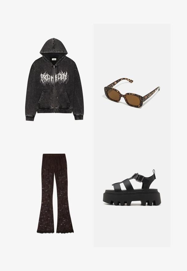 Černá mikina na zip s kapucí, vyrobená z texturované látky, s předními kapsami a bílým grafickým nápisem přes hruď.; Tmavě modré žebrované šaty s rolákem a krátkým rukávem, které mají přiléhavý střih a jemnou texturu. Nastavitelný límec pro přizpůsobení velikosti.; Hnědé krajkové kalhoty s roztřepenými konci ve tvaru zvonu a květinovým vzorem, s texturovaným povrchem. Elastický pas.; Černé platformové sandály s tlustou, drsnou podrážkou, které mají více designů popruhů a boční uzávěr na přezku pro nastavitelnou velikost.; Sluneční brýle ve skořápce želvy s kulatým, širokým rámem a hnědými čočkami. Mají jemné vzory a rovné, zúžené stranice.; Černá kožená kabelka přes rameno se zapínáním na zip, s texturovaným tělem, bílým prošíváním a popruhem se stříbrnými očky.