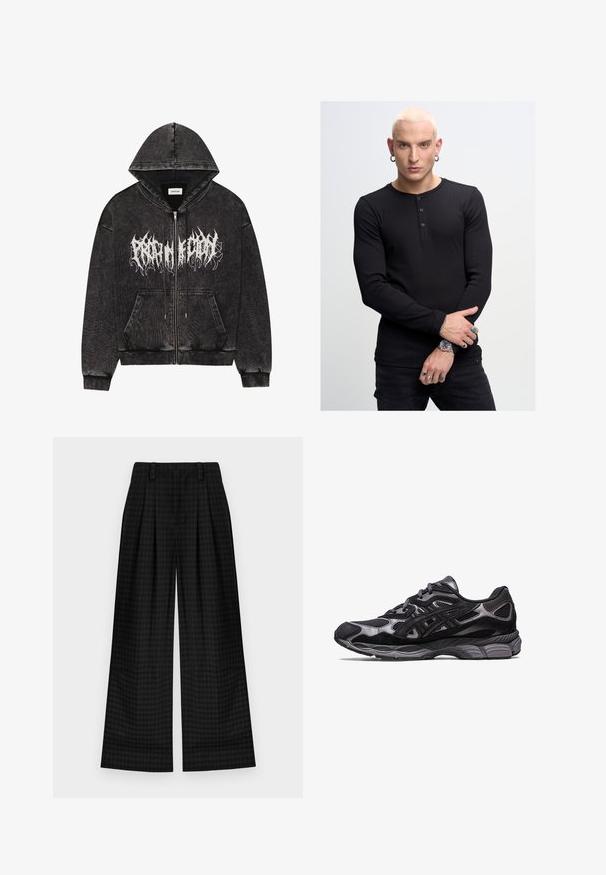 Felpa nera con zip, dotata di cappuccio, caratterizzata da un tessuto texture, tasche frontali e grafica bianca stampata sul petto.; Camicia henley nera a maniche lunghe con tre bottoni, texture a coste, abbinata a pantaloni neri. Gioielli per le mani notevoli includono anelli e un orologio.; Pantaloni a gamba larga a scacchi neri con pieghe, caratterizzati da una texture liscia e un design classico. Tessuto leggero per il massimo comfort.; Scarpa sportiva nera con tomaia in mesh e suede, caratterizzata da un design testurizzato e una robusta suola grigia imbottita.