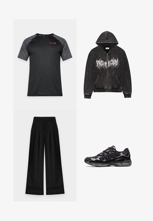 Mustat vetoketjuhuppari, jossa on huppu, teksturoitu kangas, etutaskut ja valkoiset graafiset painatukset rinnassa.; Lyhythihainen musta urheilu-paita, jossa on harmaat verkko hihat ja punainen logo rinnassa. Paita on muotoiltu istuvaksi ja valmistettu kosteutta siirtävästä kankaasta.; Mustat ruudulliset leveät housut, joissa on laskokset, sileä rakenne ja klassinen muotoilu. Kevyt kangas mukavuutta varten.; Mustat urheilukengät, joissa on verkko- ja mokkanahkainen yläosa, jossa on teksturoitu muotoilu ja kestävä, pehmustettu harmaa pohja.