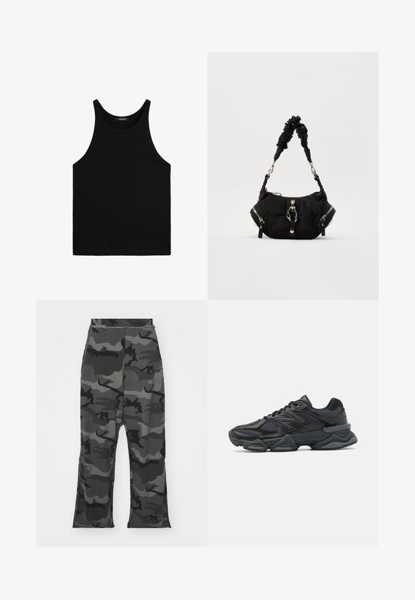 Černá mikina na zip s kapucí, vyrobená z texturované látky, s předními kapsami a bílým grafickým nápisem přes hruď.; Černý top bez rukávů vyrobený z žebrované látky. Design zahrnuje široké výkroje na paže a kulatý výstřih, s čistým a jednoduchým střihem.; Maskovací tepláky v odstínech černé a šedé, s elastickým pasem, pohodlným střihem a mírnými rozparky na spodní části nohavic.; Černá běžecká bota s kombinací síťoviny a syntetických materiálů, masivní podešev, zakřivený design a výrazné logo na boku.; Černá látková kabelka s řaseným popruhem, dvěma bočními zipy, předním zapínáním a hladkým povrchem. Kompaktní oválný tvar s lesklými kovovými doplňky.
