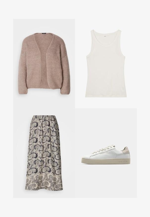 Bež pleteni kardigan z V-izrezom, širokimi rokavi in odprtim sprednjim delom. Mehak videz s rahlo debelim pletenim vzorcem.; Bela bombažna majica brez rokavov z širokim izrezom in tankimi naramnicami. Gladka tekstura brez vidnih vzorcev ali okraskov.; Spretna, krila z elastičnim pasom, ki ima mornarsko modro podlago z zapletenimi bež paisley vzorci in cvetličnimi akcenti. Mehka tkanina z gladko teksturo.; Bela usnjena športna obutev z gladko površino, bež semiš detajli, okroglo prst, ravna vezna zasnova in teksturiran gumijast podplat.