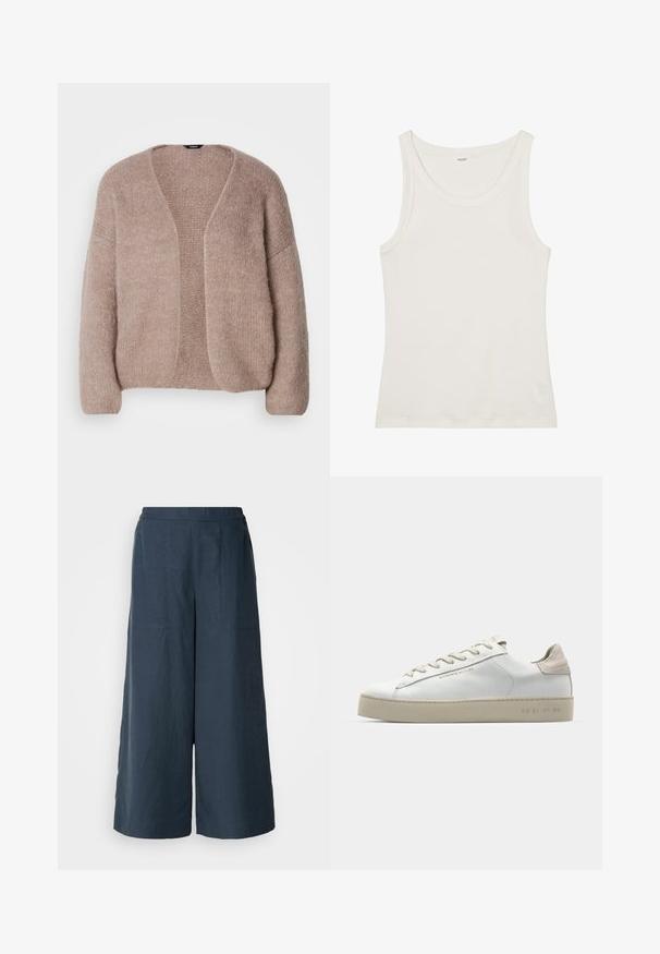 Beige neulecardigan, jossa on V-pääntie, leveät hihat ja avonainen etuosa. Pehmeä rakenne hieman paksummalla neulekuviolla.; Valkoinen puuvillainen hihaton paita, jossa on leveä pääntie ja ohuet olkaimet. Sileä pinta ilman näkyviä kuvioita tai koristeita.; Navy blue leveleggsbukser laget av lett materiale. Har en litt strukturert overflate, elastisk midjebånd og foran sømmer.; Valkoinen nahkakenkä, jossa on sileä pinta, beige mokkanahkavivahteita, pyöreä kärki, litteä nauhattava malli ja teksturoitu kumipohja.