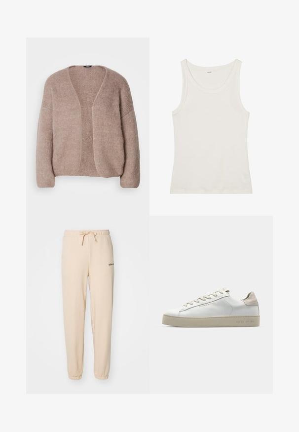 Bež pleteni kardigan z V-izrezom, širokimi rokavi in odprtim sprednjim delom. Mehak videz s rahlo debelim pletenim vzorcem.; Bela bombažna majica brez rokavov z širokim izrezom in tankimi naramnicami. Gladka tekstura brez vidnih vzorcev ali okraskov.; Bež flis hlače s elastikom v pasu, nastavljivim vrvico in prilegajočimi manšetami. Imajo majhen črn logotip na strani.; Bela usnjena športna obutev z gladko površino, bež semiš detajli, okroglo prst, ravna vezna zasnova in teksturiran gumijast podplat.