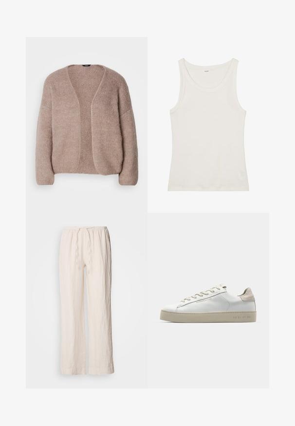 Beige gebreide cardigan met een V-hals, wijdere mouwen en een open voorkant. Zachte textuur met een iets chunky breipatroon.; Witte katoenen tanktop met een brede halslijn en dunne schouderbandjes. Gladde textuur zonder zichtbare patronen of versieringen.; Linnen, lichtbeige, wijde broek met een elastische tailleband en trekkoord. Heeft een getextureerd, licht gekreukt oppervlak.; Witte leren sneaker met een glanzende afwerking, beige suède accenten, ronde neus, platte vetersluiting en een getextureerde rubberen zool.