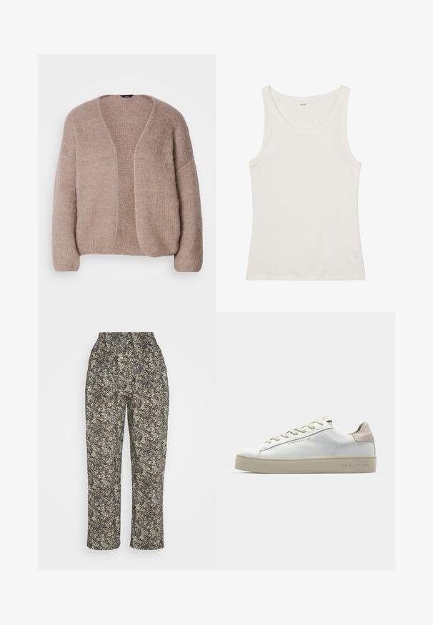 Bež pleteni kardigan z V-izrezom, širokimi rokavi in odprtim sprednjim delom. Mehak videz s rahlo debelim pletenim vzorcem.; Bela bombažna majica brez rokavov z širokim izrezom in tankimi naramnicami. Gladka tekstura brez vidnih vzorcev ali okraskov.; Hlače s cvetličnim potiskom in elastičnim pasom. Narejene iz lahkega materiala v rjavi barvi s krem, modrimi in zelenimi cvetličnimi motivi. Raven kroj.; Bela usnjena športna obutev z gladko površino, bež semiš detajli, okroglo prst, ravna vezna zasnova in teksturiran gumijast podplat.