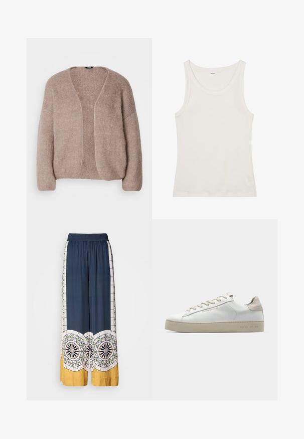 Béžový pletený kardigan s výstřihem do V, širokými rukávy a otevřeným předním designem. Měkká textura s mírně silnějším pleteným vzorem.; Bílý bavlněný top bez rukávů s širokým výstřihem a tenkými ramínky. Hladká textura bez viditelných vzorů nebo ozdob.; Námořnické široké kalhoty s elastickým pasem, zdobené geometrickými vzory v bílé, zelené a žluté barvě podél lemů a stran.; Bílé kožené tenisky s hladkým povrchem, béžovými semišovými akcenty, kulatou špičkou, plochým šněrováním a texturovanou gumovou podrážkou.