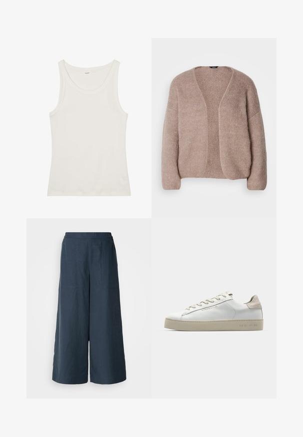 Beige knitted cardigan featuring a V-neck, wide sleeves, and an open front design. Soft texture with a slightly chunky knit pattern.; White cotton tank top with a wide neckline and thin shoulder straps. Smooth texture with no visible patterns or embellishments.; Wide-leg trousers in navy blue, made from lightweight fabric. Features a slightly textured surface, elastic waistband, and front seams.; White leather sneaker with a smooth finish, beige suede accents, round toe, flat lace-up design, and a textured rubber sole.