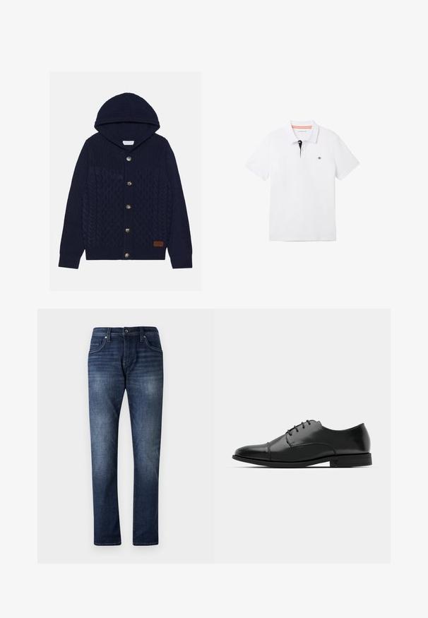 Námornícky modrý pletený sveter s kapucňou, ktorý má dizajn s kabelovým pletením, veľké gombíky a textúrovaný povrch. Kožený logotyp na spodnej strane.; Biela polo tričko s čiernym golierom a oranžovým lemovaním, krátkymi rukávmi a malým logom na hrudi. Vyrobené z priedušnej bavlnenej zmesi.; Tmavomodré deninové džínsy so strihom rovného nohavicu, ktoré majú vyblednutý vzhľad, päť vreciek a viditeľné švy na švoch.; Čierne kožené spoločenské topánky s okrúhlou špičkou, šnurovací dizajn, jemné prešívanie a nízky podpätok. Hladká štruktúra s lesklým povrchom.