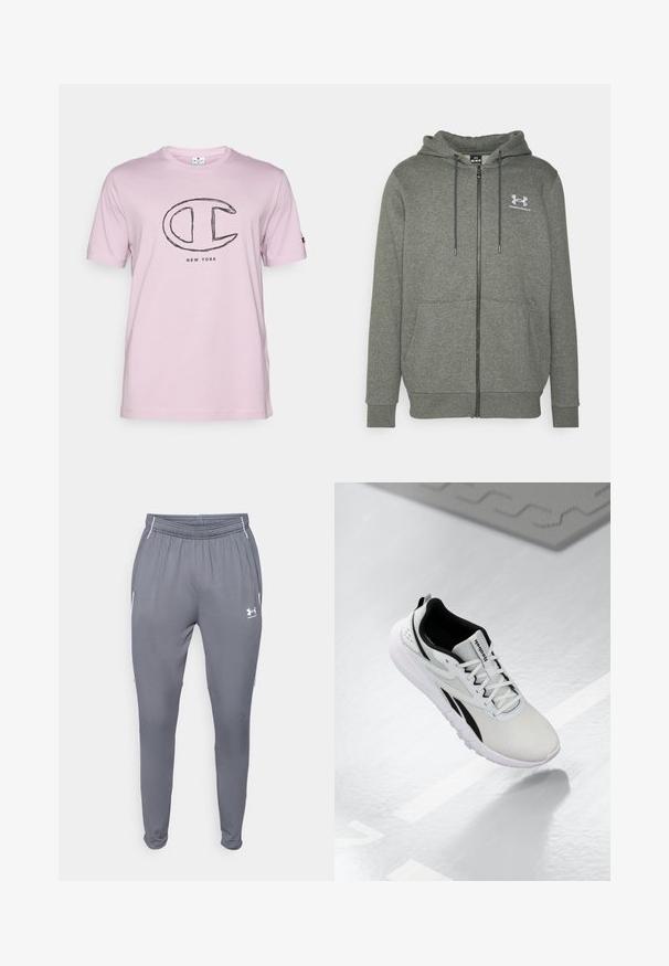 Grå zip-up hoodie i mjukt material med dragsko i huvan, framfickor och en liten logotyp på bröstet.; Ljusrosa bomullströja med korta ärmar och en stor svart broderad "C"-logotyp som har texten "NEW YORK" under.; Grå sportbyxor med elastisk midja, sidofickor och vita accenter. Tillverkade av ett mjukt och lätt material.; Ljusgrå idrottssko med svarta accenter, texturerad mesh-övre, dämpad sula och snörning. Har en hälltab för hälen.