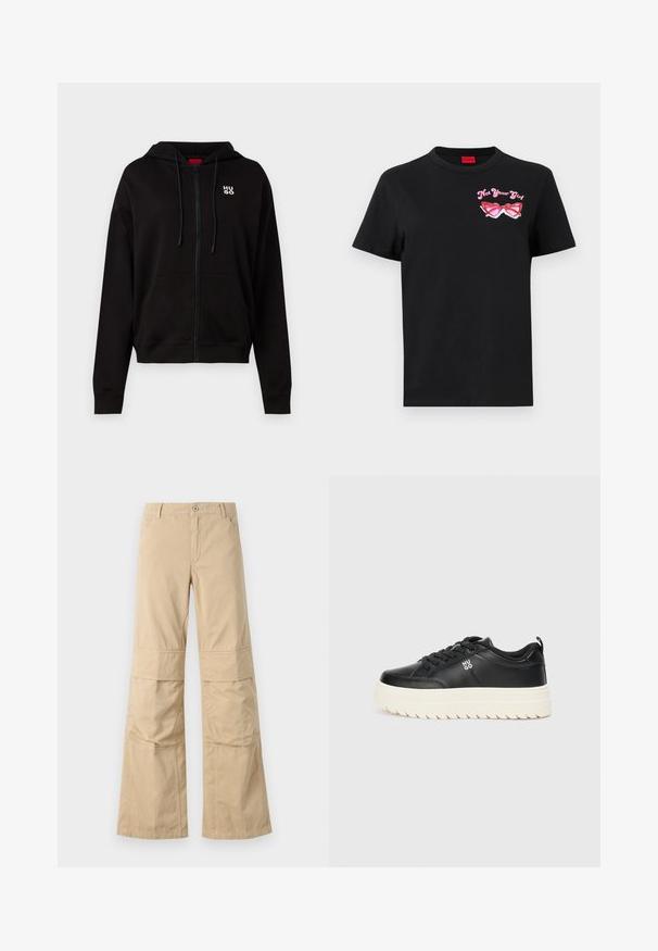 Melnā kapuce ar rāvējslēdzēju, izgatavota no mīksta materiāla, ar regulējamu kapuci, priekšējām kabatām un baltu logotipu kreisajā krūtī.; Melnas kokvilnas t-krekls ar īsām piedurknēm, kurā ir rozā grafika ar saulesbrillēm un uzrakstu "Ne tava meitene" kreisajā krūtīs.; Beige krēmo bikses ar plašu piegriezumu, izgatavotas no kokvilnas, ar redzamajām šuvēm, priekšējiem kabatām un pogu aizdari.; Melnas ādas sporta kurpes ar masīvu baltu zoli, apaļu purngalu un plakaniem šņorēšanas auklām; uz sāna ir "HUGO" logo, un zole ir ar tekstūru, lai nodrošinātu saķeri.