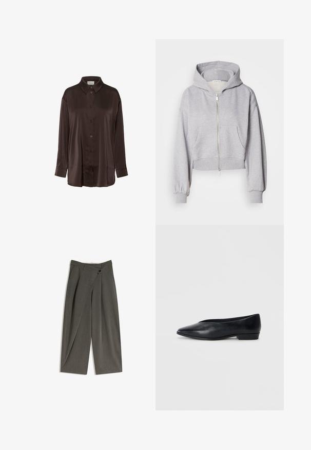 Cropped gray hoodie made of soft fabric, featuring a zip front, large hood, and two front pockets with elastic cuffs.; Brown satin button-up shirt featuring a classic collar, long sleeves, and a loose fit with a smooth texture and subtle sheen.; Wide-legged trousers in a dark grey fabric. Features a flat front, side pockets, and a single button closure. Smooth texture, tailored fit.; Black leather flat shoe with a pointed toe, slightly raised heel, and smooth surface. Simple design with no visible hardware or patterns.