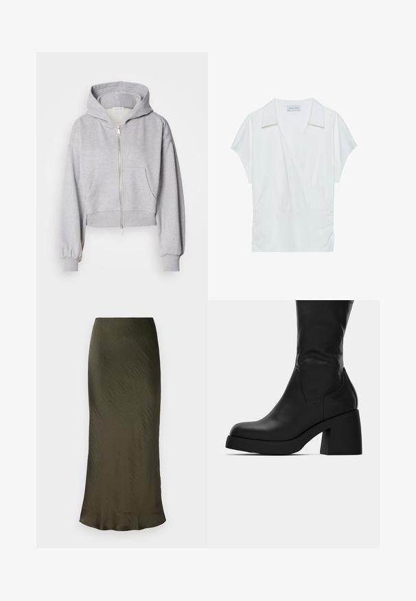 Lühendatud hall kapuutsiga jakki pehmest kangast, millel on tõmblukk, suur kapuuts ja kaks eesmist taskut elastsete varrukatega.; Valge kaelusega ümber lillede pluus, mis on valmistatud siledast kangast, lühikeste varrukatega ja suurepäraselt kogutud vöökoht, tagades mugava lõike.; Oliivroheline, keskmise pikkusega seelik, mis on valmistatud sujuvast ja kergest kangast, millel on pisut kortsus tekstuur ja sirge siluett.; Mustad nahast saapad, mis ulatuvad keskmise sääreni, paksu platiEal ja ümar toe, külgprofiil valgel taustal.