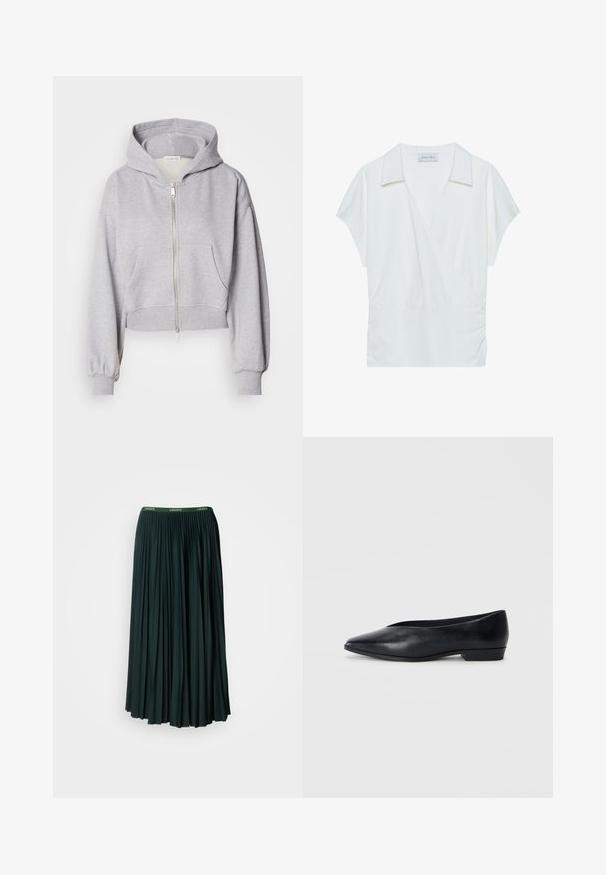 Zastrihnutá šedá mikina z jemného materiálu, so zipsom vpredu, veľkou kapucňou a dvoma prednými vreckami s elastickými manžetami.; Biela blúzka s rolákovým výstrihom vyrobená z hladkého materiálu, s krátkymi rukávmi a zhrnutím v oblasti pásu pre uvoľnený strih.; Dlhá, skladaná sukňa v tmavozelenej farbe so širokým pásom, na ktorom je názov značky "LACOSTE" v kontrastnom zelenom písmene.; Čierne kožené ploché topánky s ostrou špičkou, mierne vyvýšeným podpätkom a hladkým povrchom. Jednoduchý dizajn bez viditeľného hardvéru alebo vzorov.