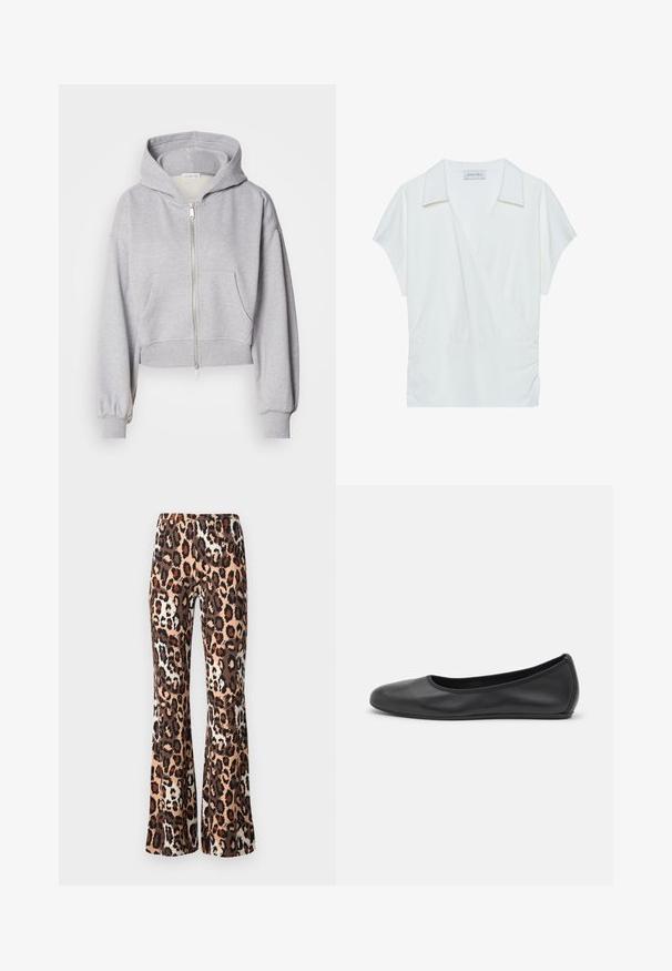 Cropped gray hoodie made of soft fabric, featuring a zip front, large hood, and two front pockets with elastic cuffs.; White collared wrap blouse made from smooth fabric, featuring short sleeves and gathered detailing at the waist for a relaxed fit.; Diane von Furstenberg BROOKLYN PANTS - Trousers - brown; Black leather ballet flat with a rounded toe, smooth texture, minimal stitching detail, and a flexible sole design.