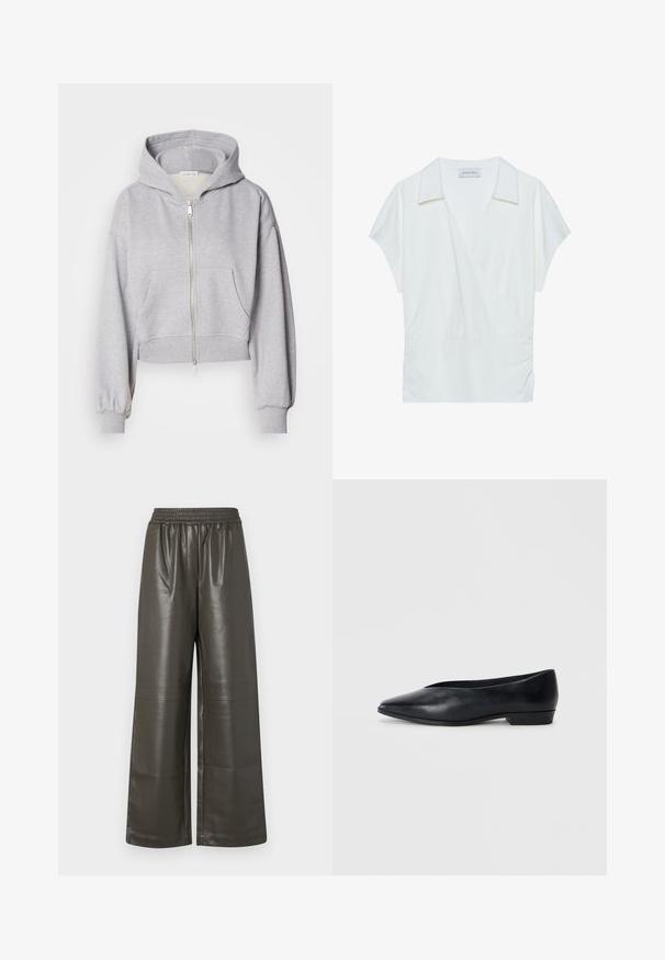 Kratka siva kapuca iz mehke tkanine, z zadrgo spredaj, veliko kapuco in dvema sprednjima žepoma z elastičnimi manšetami.; Bela bluzica s ovratnikom, izrađena od glatkog materijala, s kratkim rukavima i nabranim detaljima u struku za opuštenu figuru.; Svetle hlače iz temno olivno zelene umetne usnje s širokimi nogavicami, elastičnim pasom in centralnimi šivi ter gladko, sijočo teksturo.; Črne usnjene balerinke s špičastim nosom, rahlo dvignjenim peto in gladko površino. Preprost dizajn brez vidnih dodatkov ali vzorcev.