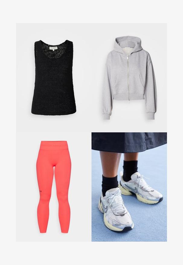 Zastrihnutá šedá mikina z jemného materiálu, so zipsom vpredu, veľkou kapucňou a dvoma prednými vreckami s elastickými manžetami.; Marc O'Polo SLEEVELESS ROUNDNECK - Top - black; Žiarivo ružové športové legíny s vysokým pásom. Obsahujú logo Under Armour v čiernej farbe na spodnej časti nohy a textúrované panely.; Biele a strieborné Nike tenisky s mrežovou textíliou, reflexnými akcentmi a béžovou podrážkou. Nosené s čiernymi ponožkami, stojace na modrom povrchu.