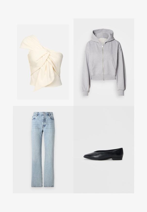 Kuttet grå hettegenser laget av myk stoff, med glidelås foran, stor hette og to frontlommer med elastiske mansjetter.; En-skulder krem topp laget av glatt stoff, med en stor vridd knute detalj foran og en tettsittende passform.; Lys blå denimjeans med høy midje, rette ben, klassisk fem-lommers design og subtil falming gjennom hele.; Sorte skinn flate sko med spiss tå, lett hevet hæl og glatt overflate. Enkelt design uten synlig hardware eller mønstre.