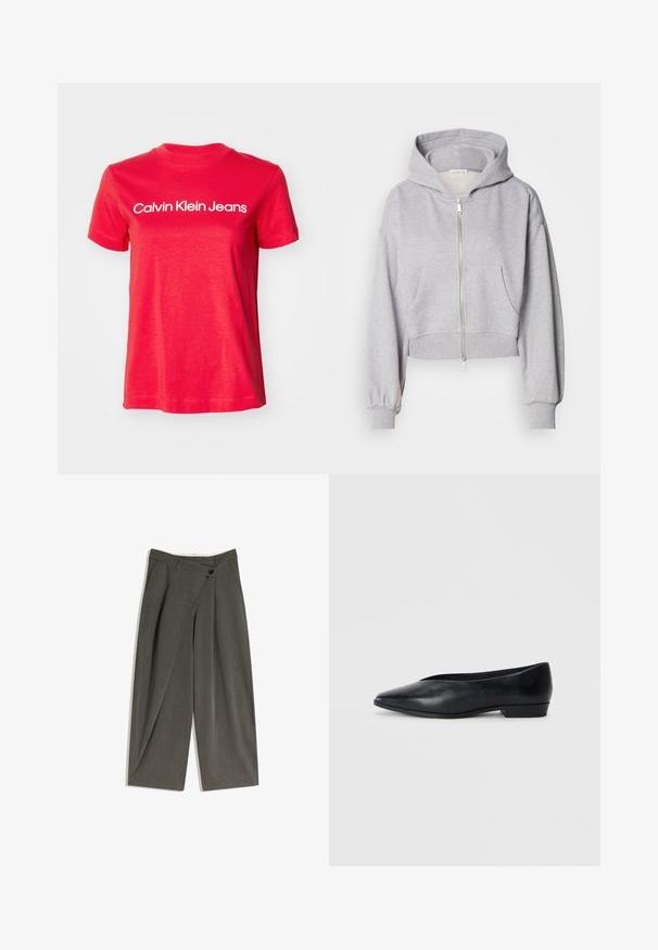 Skåret grå hættetrøje lavet af blødt stof, med lynlås foran, stor hætte og to frontlommer med elastiske mansjetter.; Rød bomulds T-shirt med korte ærmer og rund hals. "Calvin Klein Jeans" logo i hvid over brystet. Enkel design.; Breddebenede bukser i et mørkegråt stof. Har flad front, sidelommer og en enkelt knaplukning. Glat tekstur, skræddersyet pasform.; Sorte læder flade sko med spids tå, let hævet hæl og glat overflade. Simpelt design uden synligt hardware eller mønstre.