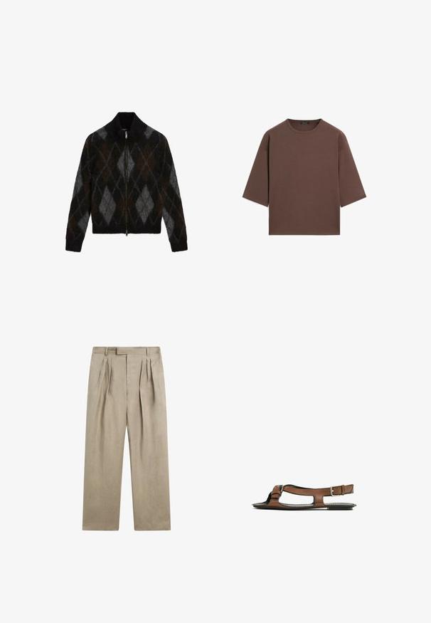 Sweter na zamek błyskawiczny w kolorze czarnym, węglowym i brązowym w wzór argyle. Wykonany z tkaniny o fakturowanym splocie, z kołnierzem stojącym.; Brązowy, krótki t-shirt z okrągłym dekoltem, krótkimi rękawami i miękką fakturą. Zaprojektowany w luźnym kroju z minimalnymi detalami.; Beżowe lniane spodnie o luźnym kroju, z podwójnymi plisami z przodu, płaskim paskiem w talii i prostymi nogawkami. Gładka tekstura, minimalistyczny design.; Brązowe skórzane sandały z otwartym palcem i wycięciami po bokach. Posiadają pasek na kostkę z metalową klamrą oraz płaską podeszwę.