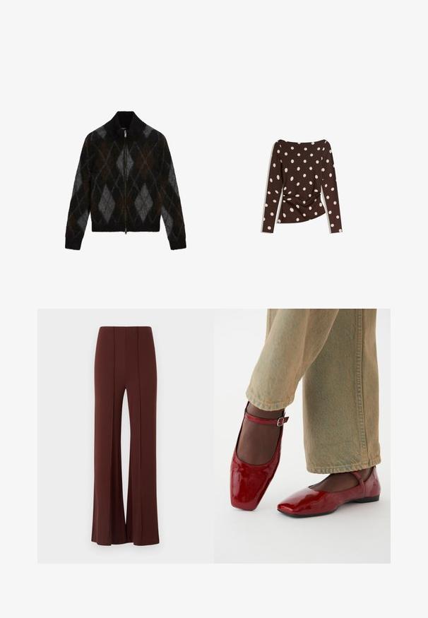 Lukket cardigan i sort, antracit og brun med et argyle-mønster. Fremstillet af et struktureret strikstof, med en opretstående krave.; Brun langærmet top med en rund halsudskæring, der har store hvide prikker og samlet detalje ved taljen for et tætsiddende look.; Brune brede bukser med høj talje, lavet af et glat stof med lodrette sømme foran og en pæn afsluttet kant.; Røde patentlæder sko med firkantet tå, lav hæl og ankelrem, parret med lysegrønne vide bukser. Glat tekstur, reflekterende overflade.