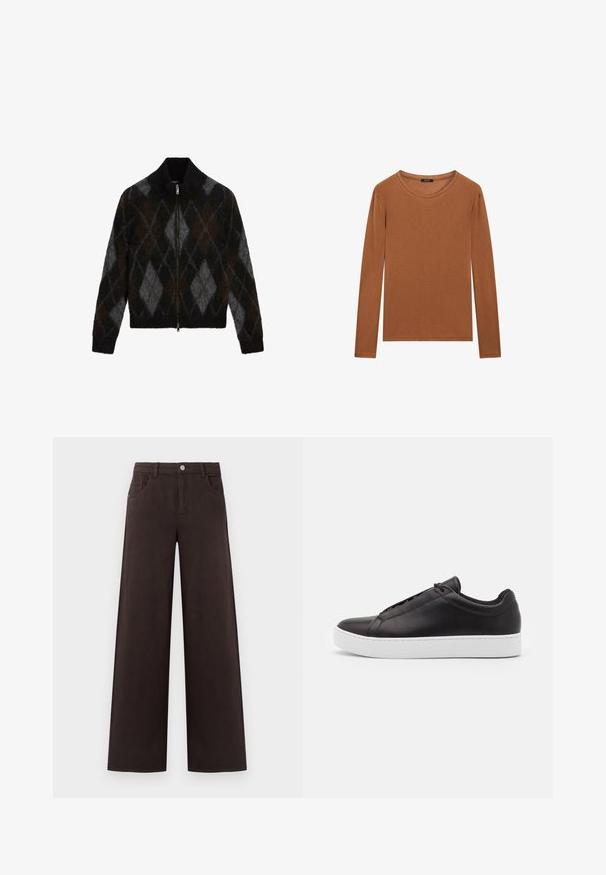 Zippered cardigan in black, charcoal, and brown with an argyle pattern. Made from a textured knit fabric, featuring a stand-up collar.; Massimo Dutti WITH NECKLINE DETAIL - Long sleeved top - ochre; Wide-leg trousers in dark brown cotton fabric. Features a button closure and front pockets, with a smooth texture and clean lines.; Black leather sneakers with a smooth finish, featuring a low-top design and a thick white rubber sole. Subtle stitching details on the side.