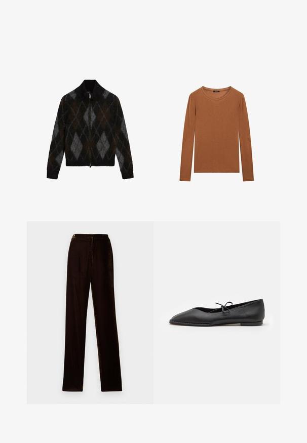 Reißverschluss-Strickjacke in Schwarz, Anthrazit und Braun mit einem Rautenmuster. Hergestellt aus einem strukturierten Strickstoff, mit einem Stehkragen.; Massimo Dutti WITH NECKLINE DETAIL - Langarmshirt - ochre; Braune Samthose mit geradem Schnitt, die eine glatte Textur und einen dezenten Glanz aufweisen. Sie sind mit einem normalen Bund und Seitennähten gestaltet.; ALOHAS SWAY - Klassischer Ballerina - black