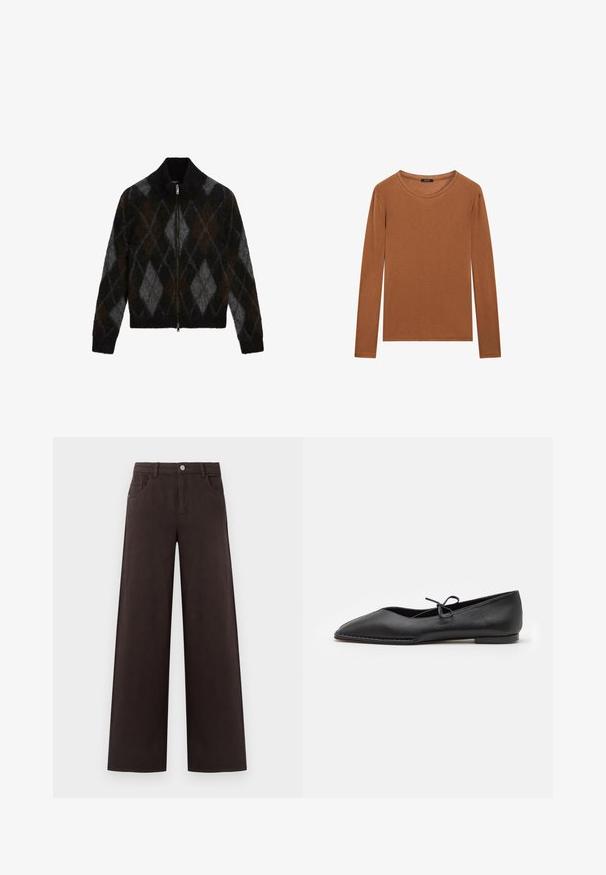 Zippered cardigan in black, charcoal, and brown with an argyle pattern. Made from a textured knit fabric, featuring a stand-up collar.; Massimo Dutti WITH NECKLINE DETAIL - Long sleeved top - ochre; Wide-leg trousers in dark brown cotton fabric. Features a button closure and front pockets, with a smooth texture and clean lines.; ALOHAS SWAY - Ballet pumps - black
