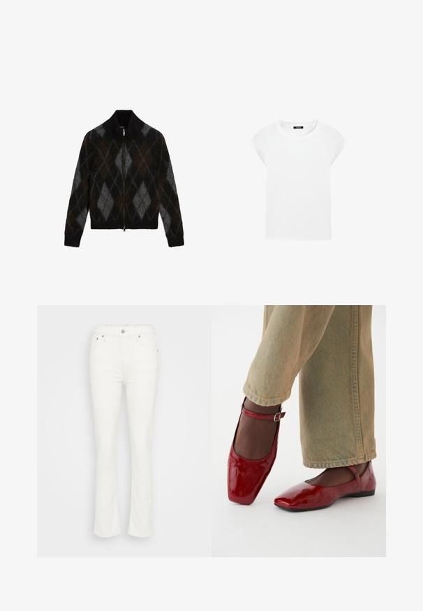 Cardigan con zip in nero, grigio antracite e marrone con motivo argyle. Realizzato in un tessuto a maglia testurizzato, presenta un colletto alto.; T-shirt bianca a maniche corte realizzata in cotone morbido, con colletto rotondo e maniche raglan, caratterizzata da un taglio rilassato e dritto senza motivi.; Jeans a zampa d'elefante bianchi in denim con vita media, chiusura frontale a bottone e dettagli di cucitura minimal, che offrono una texture liscia.; Scarpe in pelle verniciata rossa con punta quadrata, tacco basso e cinturino alla caviglia, abbinate a jeans a gamba larga verdi chiari. Texture liscia, superficie riflettente.