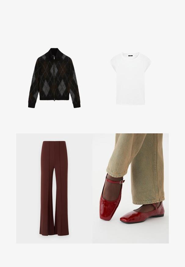 Lukket cardigan i sort, antracit og brun med et argyle-mønster. Fremstillet af et struktureret strikstof, med en opretstående krave.; Hvid t-shirt med korte ærmer lavet af blødt bomuld, med rund halsudskæring og raglan ærmer, der har et afslappet, lige snit uden mønstre.; Brune brede bukser med høj talje, lavet af et glat stof med lodrette sømme foran og en pæn afsluttet kant.; Røde patentlæder sko med firkantet tå, lav hæl og ankelrem, parret med lysegrønne vide bukser. Glat tekstur, reflekterende overflade.
