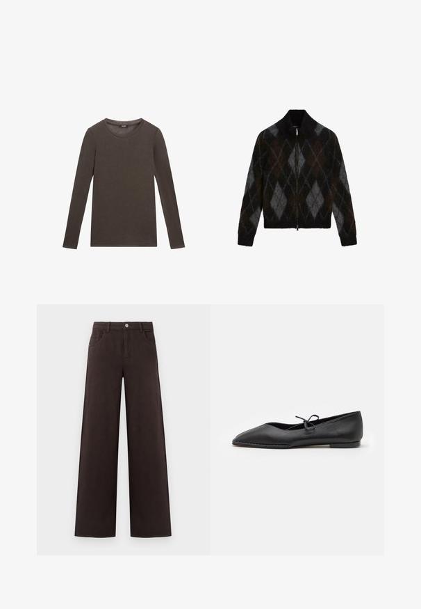 Cardigan zippé en noir, charbon et brun avec un motif argyle. Fabriqué à partir d'un tissu en tricot texturé, avec un col montant.; Chemise à manches longues en coton marron foncé avec un décolleté rond et une texture simple et lisse. Aucune graphique ni embellissement présent.; Pantalons larges en tissu coton brun foncé. Dotés d'une fermeture à bouton et de poches avant, avec une texture lisse et des lignes épurées.; ALOHAS SWAY - Ballerines - black