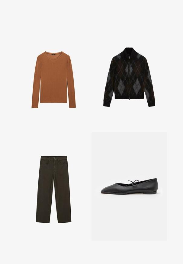 Lukket cardigan i sort, antracit og brun med et argyle-mønster. Fremstillet af et struktureret strikstof, med en opretstående krave.; Massimo Dutti WITH NECKLINE DETAIL - Langærmet T-shirt - ochre; Mørkegrønne brede jeans lavet af en bomuldsblanding, med en frontlukning med knap, fem lommer og klassisk denim-syning.; ALOHAS SWAY - Ballerinasko - black