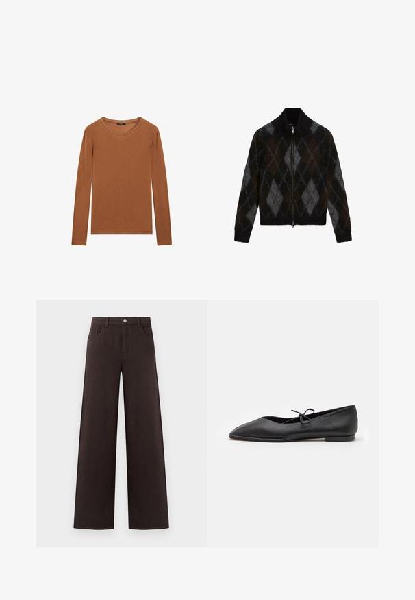 Cardigan con zip in nero, grigio antracite e marrone con motivo argyle. Realizzato in un tessuto a maglia testurizzato, presenta un colletto alto.; Massimo Dutti WITH NECKLINE DETAIL - Maglietta a manica lunga - ochre; Pantaloni a gamba larga in cotone di colore marrone scuro. Presentano una chiusura con bottone e tasche frontali, con una superficie liscia e linee pulite.; ALOHAS SWAY - Ballerine - black
