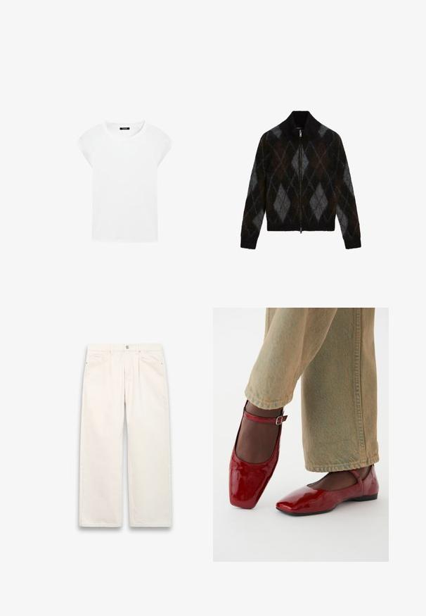 Zippad cardigan i svart, kol och brunt med ett argyle-mönster. Tillverkad av ett strukturerat stickat tyg, med en uppstående krage.; Vit t-shirt med kort ärm gjord av mjuk bomull, med rund halsringning och raglanärmar, med en avslappnad, rak passform utan mönster.; Vita vida jeans i denim med hög midja, med knäppning, fem fickor och subtila stickdetaljer. Ren, minimalistisk design.; Röda lackskor med fyrkantig tå, låg klack och ankelsnöre, kombinerade med ljusgröna vida jeans. Slät textur, reflekterande yta.