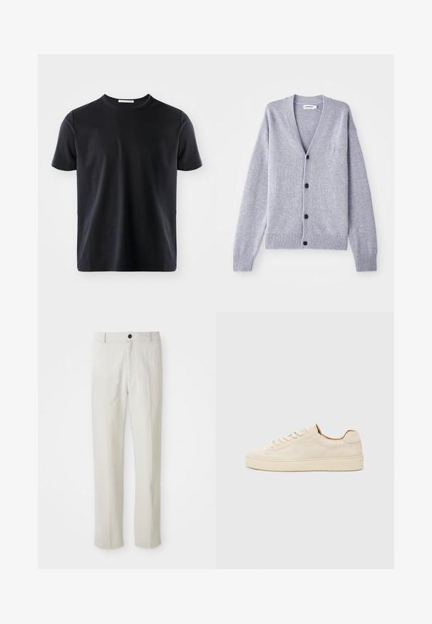 Cardigan cinza de malha com decote em V, seis botões pretos, punhos e barra canelados, com um logotipo discreto no peito esquerdo.; T-shirt de algodão preto com decote redondo e mangas curtas. Textura suave, ajuste regular e sem padrões ou detalhes visíveis.; Calças beige de perna reta com passantes para cinto, botão frontal e fecho de zip, exibidas de forma plana sobre um fundo branco.; Sapatilhas de camurça bege com um design de cano baixo, bico redondo, atacadores planos e uma sola de borracha texturizada. Estilo minimalista sem logótipos visíveis.