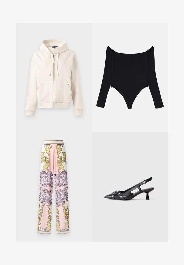 Creme-kleurige ritshoodie met voorzakken, een capuchon met trekkoord en ribgebreide manchetten en zoom tegen een effen lichte achtergrond.; Zwarte langermige bodysuit met een off-the-shoulder halslijn, een soepele textuur en een hoog uitgesneden beenontwerp met zijruche-details.; Wijd gevallen broek van lichtgewicht stof met een roze en witte kleurenschema, versierd met sierlijke gele en blauwe barokpatronen en gouden accenten.; Zwarte leren slingback schoen met een puntige neus, decoratieve banden met metalen oogjes en een lage blokhak. Textuur oppervlak.