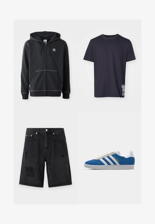 Hanorac negru cu fermoar confecționat dintr-un material moale, având un buzunar frontal tip kangaroo, accente de cusături albe și un mic logo alb pe piept.; Tricou din bumbac negru cu guler rotund, mâneci scurte și o etichetă cu logo alb în partea inferioară. Textură netedă, croială obișnuită.; Șorturi din denim negre cu detalii uzate, design cu cinci buzunare și accesorii de nuanță cuprurie. Țesătura are o textură netedă.; adidas Originals ADIDAS GAZELLE SHOES - Ghete de fotbal de sală - real madrid/bluebird/footwear white/crew yellow
