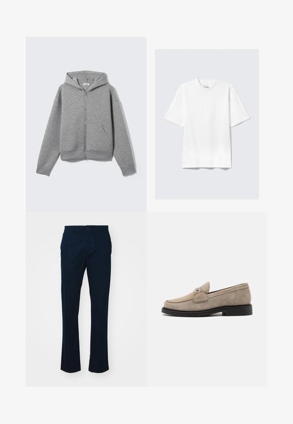 Gray zipper hoodie made of soft, textured fabric. Features a hood, two front pockets, and a relaxed fit with ribbed cuffs and hem.; Plain white short-sleeve relaxed-fit T-shirt laid flat on light gray background.; Navy blue trousers made of lightweight fabric. Feature a straight leg design, single button closure, and minimalist stitching.; Beige suede loafers with a flat black sole, featuring a decorative silver buckle and subtle stitching details on the upper.