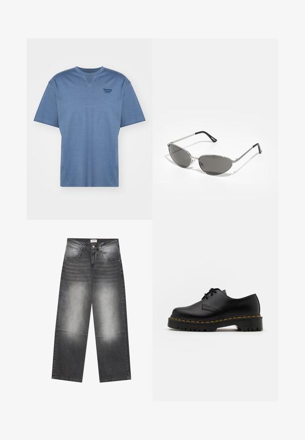 Grå dragkedjehoodie gjord av mjukt, texturerat tyg. Har en huva, två framfickor och en avslappnad passform med ribbade ärmslut och fåll.; Blå bomullströja med korta ärmar, en rund halsringning och en broderad logotyp på bröstet. Har en avslappnad passform och en mjuk textur.; Breda svarta denimjeans med en urtvättad grå finish, med framfickor, en knappstängning och lätt slitningar på knäna.; Svart läder snörsko med rundad tå, texturerad gummisula och gul söm runt basen. Platt design och slät yta.; Solglasögon med en elegant, silver metallram, gråtonade linser och en aerodynamisk design med spetsiga kanter och tunna bågar.; Set med sju silverringar med olika mönster, inklusive vridna, länkade och graverade mönster. Olika former och bredder.