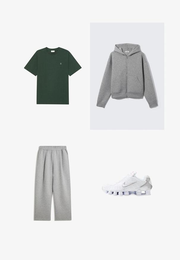Hanorac gri cu fermoar, realizat dintr-un material moale și texturat. Are glugă, două buzunare frontale și o croială lejeră, cu manșete și tiv striate.; Tricou cu mânecă scurtă din bumbac verde închis, cu guler rotund. Are un mic logo alb "II" în zona stângă a pieptului.; Pantaloni de trening gri deschis, cu talie elastică și buzunare laterale, tăiere drept, dintr-o țesătură moale.; Pantofi sport albi cu partea superioară texturată, logo argintiu în formă de swoosh, panouri din plasă și o talpă albă segmentată distinctiv.