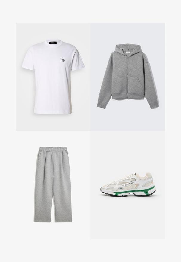 Grå lynlåstrøje i blødt, textured stof. Har hætte, to frontlommer og en afslappet pasform med ribkantede manchetter og kant.; Hvid bomulds t-shirt med rund hals, korte ærmer og et lille sort broderet logo på venstre bryst. Enkel og klassisk design.; Lys grå sweatpants med elastisk talje og sidelommer, lige ben, lavet af blødt stof.; Hvide sneakers med grønne accenter og sort gummisål. Har mesh- og syntetiske paneler med en struktureret overflade og synlige sømme.