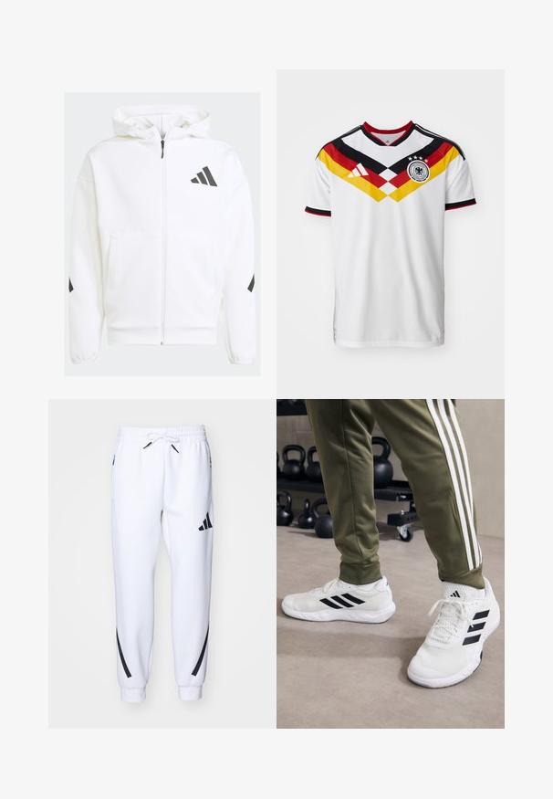 Vit zip-up hoodie med huva. Har svart logotyp och detaljer på axlarna. Tillverkad av mjukt material med en slät yta. Framfickor ingår.; Vit fotbollströja med svarta och röda detaljer, med en gul och röd diagonal design, tre stjärnor och Adidas-logotypen.; Vita atletiska joggers med svarta accenter, tillverkade av mjukt tyg, med elastisk midja, snörningsstängning och sidofickor.; Vitaidrottskor i vitt med svarta ränder, i nättextur och med vadderad krage, kombinerat med olivgröna byxor med vita sidränder.