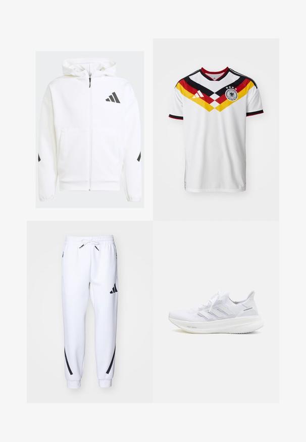 Fehér cipzáras kapucnis pulóver. Fekete logóval és vállrészen található kiegészítőkkel ellátva. Puha anyagból készült, sima textúrával. Elöl zsebek találhatóak.; Fehér labdarúgó mez fekete és piros részletekkel, sárga és piros átlós mintázattal, három csillaggal és az Adidas logójával.; Fehér sportos kocogónadrág fekete részletekkel, puha anyagból készült, rugalmas derékkal, húzózsinórral és oldalsó zsebekkel.; Fehér futócipő, textúrált kötött felsőrészével, három átlós csíkkal és a "Light Boost" felirattal ellátott jellegzetes párnázású talppal.