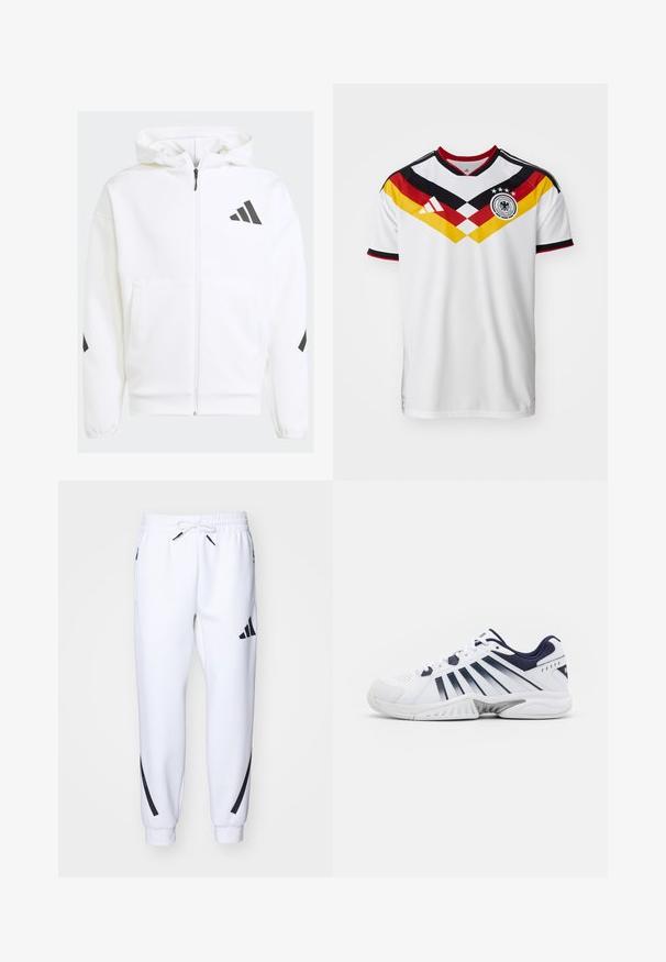 White zip-up hoodie with a hood. Features black logo and accents on shoulders. Made from soft material, smooth texture. Front pockets included.; White soccer jersey with black and red accents, featuring a yellow and red diagonal design, three stars, and the Adidas logo.; White athletic joggers with black accents, made from soft fabric, featuring an elastic waistband, drawstring closure, and side pockets.; White athletic shoe with navy accents, featuring a perforated design, lace-up closure, and textured sole with a pronounced tread pattern.