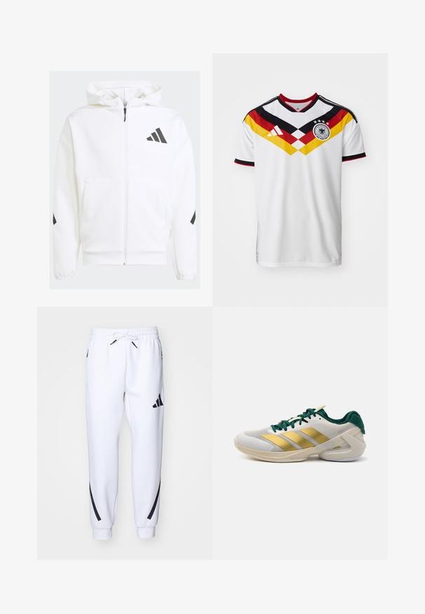 Biela mikina na zips s kapucňou. Obsahuje čierne logo a akcenty na pleciach. Vyrobená z mäkkého materiálu, hladkej textúry. Obsahuje predné vrecká.; Biely futbalový dres s čiernymi a červenými akcentmi, s diagonálnym dizajnom v žltej a červenej farbe, tromi hviezdami a logom Adidas.; Biele športové nohavice s čiernymi detailmi, vyrobené z jemnej látky, s elastickým pásom, sťahovaním na šnúrku a bočnými vreckami.; Topánka so bielou sieťovinovou vrchnou časťou so zlatými pruhmi, zelenými akcentmi na šnúrkach a päte, a s polstrovanou podrážkou pre podporu.
