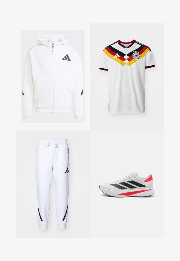 Valkoinen vetoketjullinen collegehuppari, jossa on huppu. Sisältää mustan logon ja korostuksia olkapäillä. Valmistettu pehmeästä materiaalista, jonka pinta on tasainen. Etupussit sisältyvät.; Valkoinen jalkapallon pelipaita mustilla ja punaisilla yksityiskohdilla, jossa on keltainen ja punainen viisto kuvio, kolme tähteä ja Adidas-logo.; Valkoiset urheiluhousut mustilla yksityiskohdilla, valmistettu pehmeästä kankaasta, jossa on joustava vyötärö, nyörikiinnitys ja sivutaskut.; Valkoinen urheilukenkä, jossa on mustia raitoja, teksturoitu päällinen, vaaleanpunaisia yksityiskohtia ja kevyt pohja, jossa on "LIGHTMOTION" -brändäys.