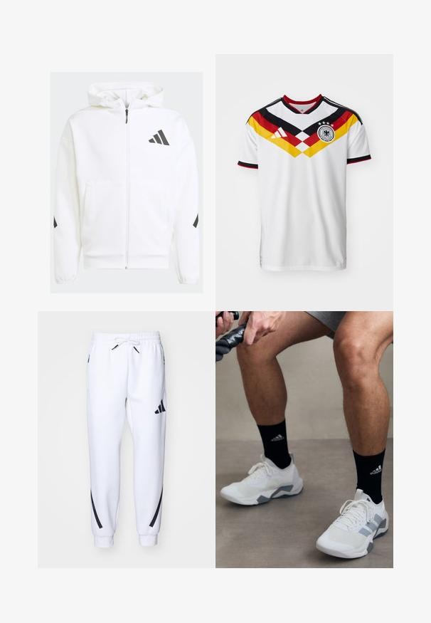 Bílá mikina na zip s kapucí. Má černé logo a akcenty na ramenou. Je vyrobena z měkkého materiálu s hladkou texturou. Obsahuje přední kapsy.; Bílý fotbalový dres s černými a červenými akcenty, s diagonálním designem v žluté a červené barvě, třemi hvězdičkami a logem Adidas.; Bílé sportovní tepláky s černými akcenty, vyrobené z měkké látky, s elastickým pasem, šňůrkovým uzavřením a bočními kapsami.; Bílé sportovní boty s šedými akcenty, texturovaný materiál a design na šňůrky. Nosač s černými ponožkami se znakem.