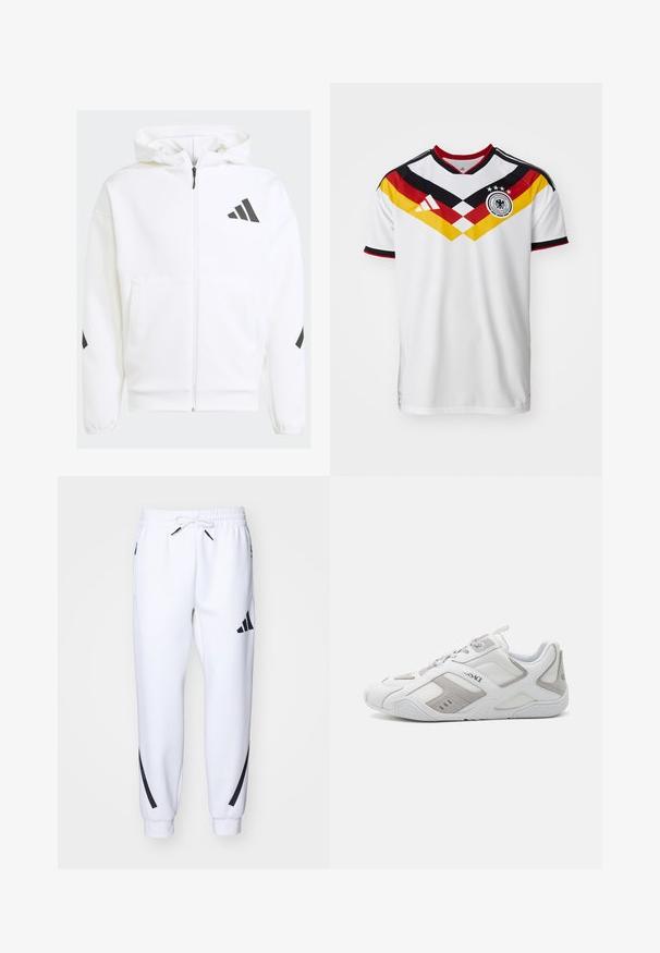 White zip-up hoodie with a hood. Features black logo and accents on shoulders. Made from soft material, smooth texture. Front pockets included.; White soccer jersey with black and red accents, featuring a yellow and red diagonal design, three stars, and the Adidas logo.; White athletic joggers with black accents, made from soft fabric, featuring an elastic waistband, drawstring closure, and side pockets.; White athletic sneakers with grey suede accents, a textured rubber sole, mesh panels, and lacing system. Features branding on the side.