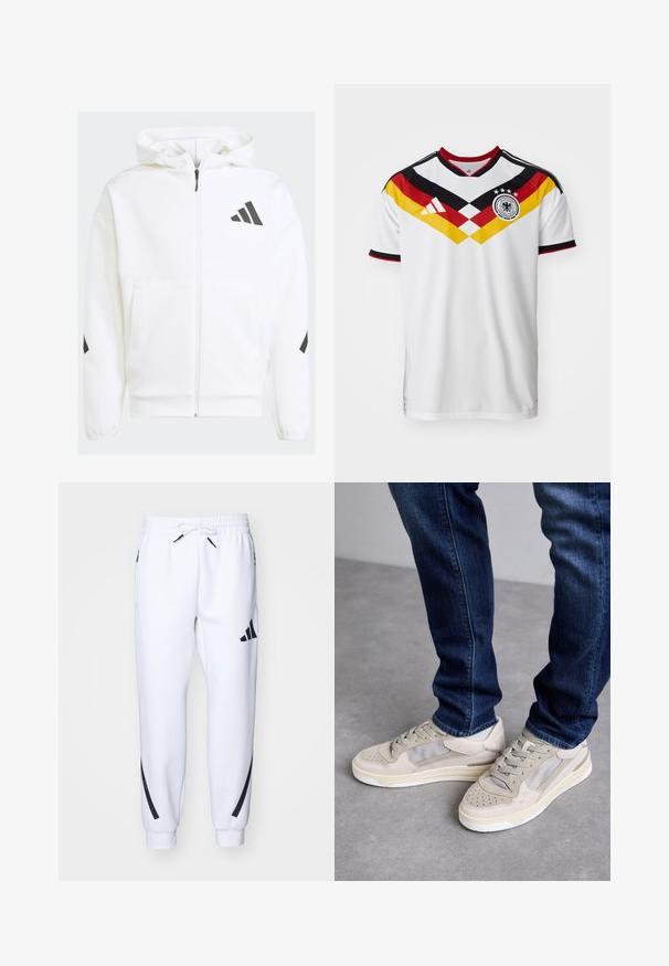 White zip-up hoodie with a hood. Features black logo and accents on shoulders. Made from soft material, smooth texture. Front pockets included.; White soccer jersey with black and red accents, featuring a yellow and red diagonal design, three stars, and the Adidas logo.; White athletic joggers with black accents, made from soft fabric, featuring an elastic waistband, drawstring closure, and side pockets.; Beige sneakers with mesh and suede accents, featuring perforated toe caps, flat laces, and a white sole. Paired with dark blue jeans.